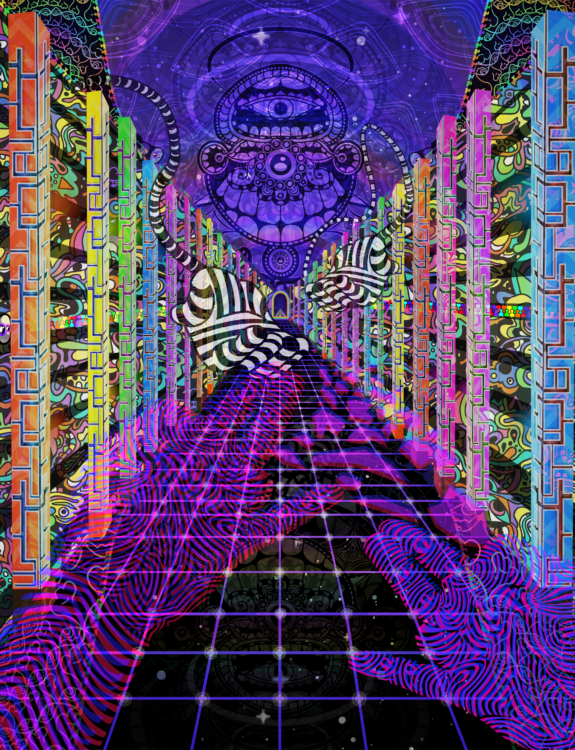 An encounter with the Soothsayer in its own playing field. It emerges from a familiar neverending niche and beckons your existence to merge with its networks. You feel drawn to it as you feel your limbs dissolving into the light that now grows brighter. As existence is pulled towards the singularity the void starts to reveal itself from your peripherals. At this instance you recognize the arch is actually a keyhole that compels you to fill what is left of your lungs with everything that remains unzipped. There is only darkness, and silence, but pure warmth, and long, slow, breaths. Visionary Art by Karl BlueHippo