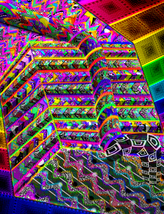 Constantly unfolding in multiple directions, a shape appears to undulate, simultaneously passing inward while somehow out. The configuration is composed of many fabrics, each moving in their own divergence. Ribbons of energy palpitate fragments, suturing the legion of compiled fibers. These slivers each move in their own sentience, yet unified to isolated individuals. Tessellated quadrant panels recede into darkness, dissolving into echoes across a distant plane, bound by clasped teeth. Precipitously, a tubus appendage of some higher luminary flows atop the formation, absorbing and contorting the energy around it. It effortlessly roots through the perplexity establishing its network.