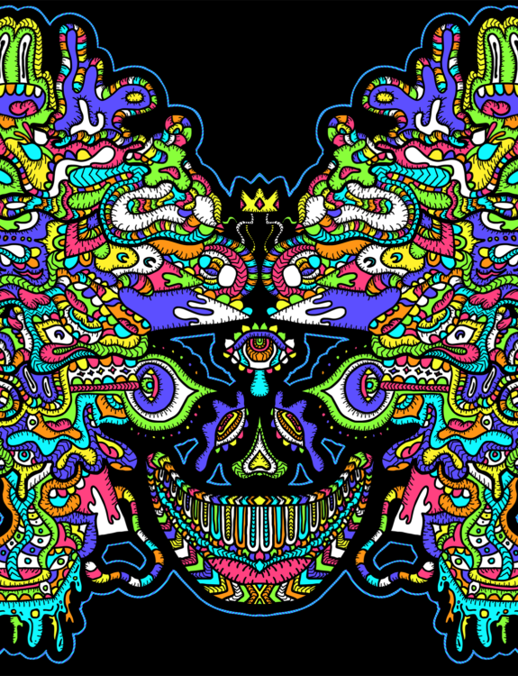 Formations of volcanos, faces, and Italian plumbing colors all swirl together to form a hysterical being. As it's eye repeatedly rolls into the back of it's head, it's crown seems to harness more powers. Visionary Art by Karl BlueHippo